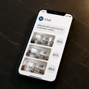 A sleek smartphone screen displaying a modern AI-powered real estate chat interface with property match scores and minimalist