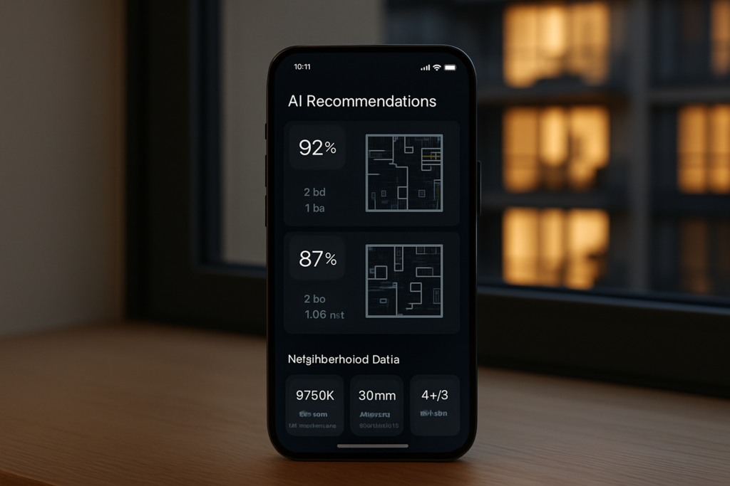 A modern smartphone screen displaying an AI-powered real estate recommendation interface with property match scores, floor pl