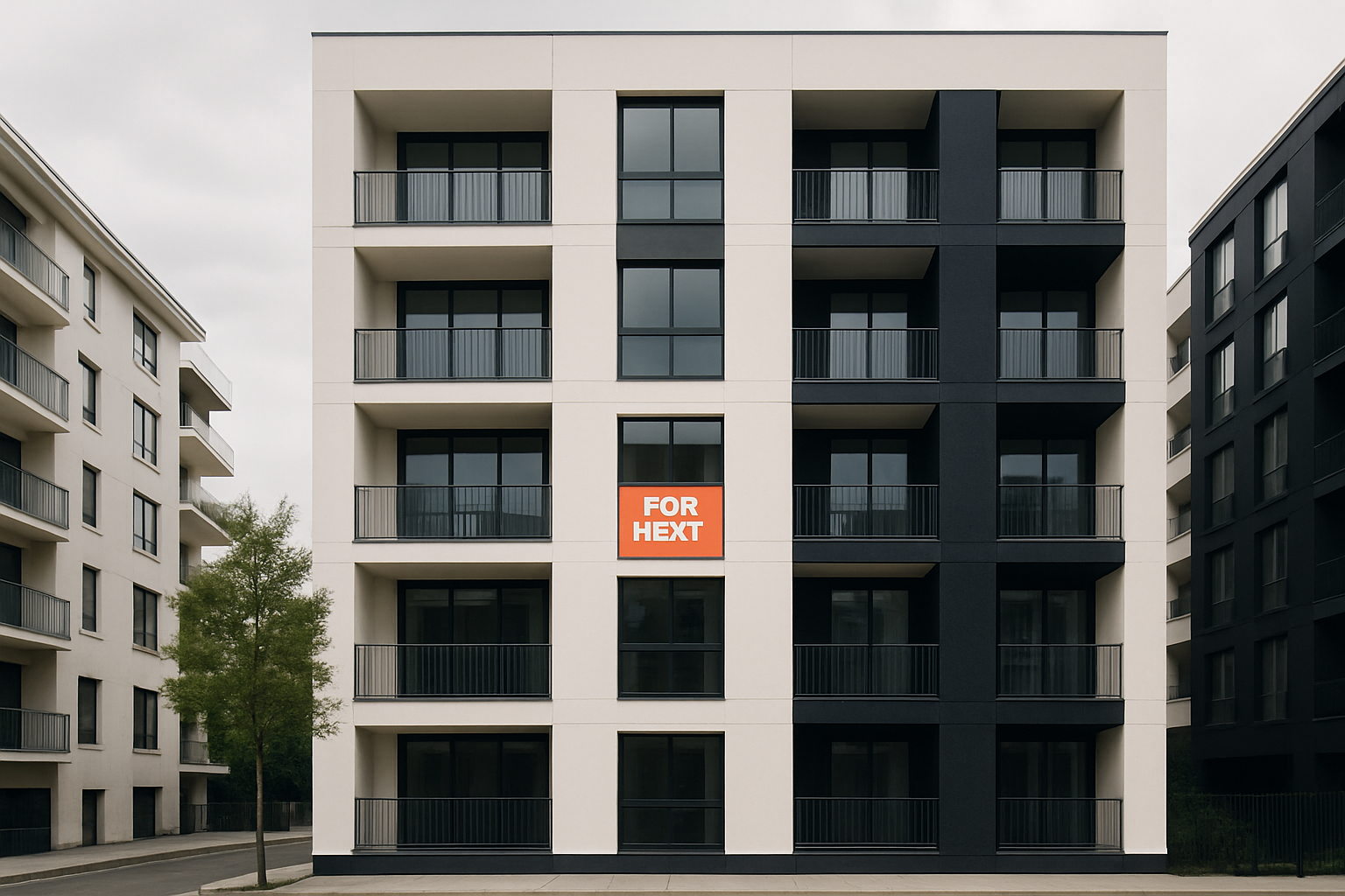 Modern apartment building facade with a "for rent" sign visible on one balcony, urban residential street, daytime, realistic