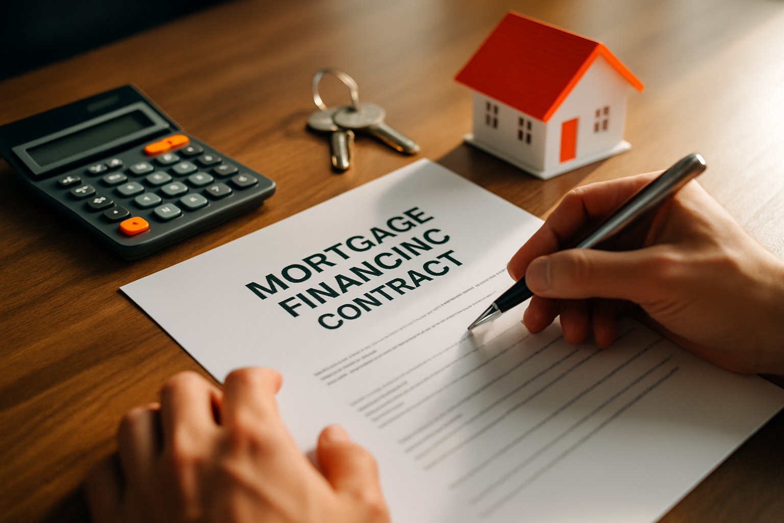 Close-up photo of hands reviewing a printed mortgage financing contract on a wooden desk, with a calculator, a set of house k